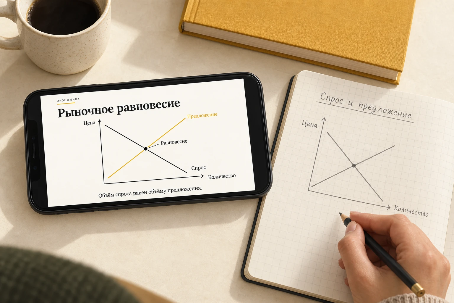 Студент повторяет материал со слайда на телефоне и делает записи
